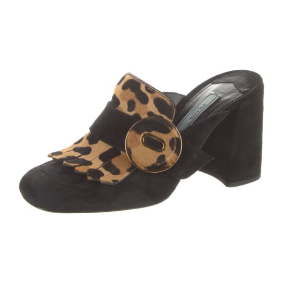 Prada Leopard-Print Fringed Loafer Mule, Black - 38.5 / 8.5 - Picture 1 of 6